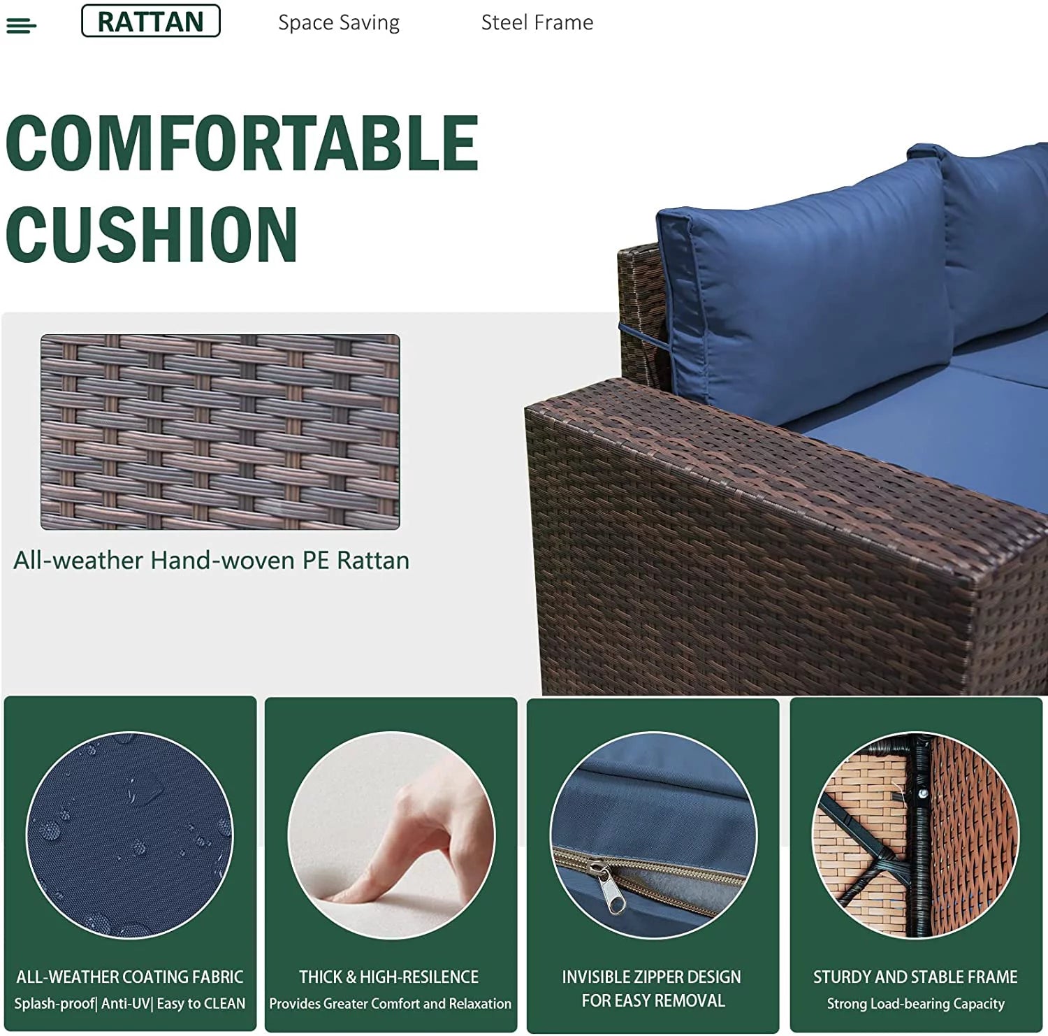 Outdoor Patio Furniture Set, 6-Piece Modular Sectional Sofa, All-Weather PE Wicker, Navy Blue H78599
