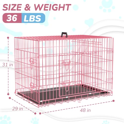 Large Dog Crate 42 Inch Double Door Folding Metal Wire Kennel with Divider Panel Z220483