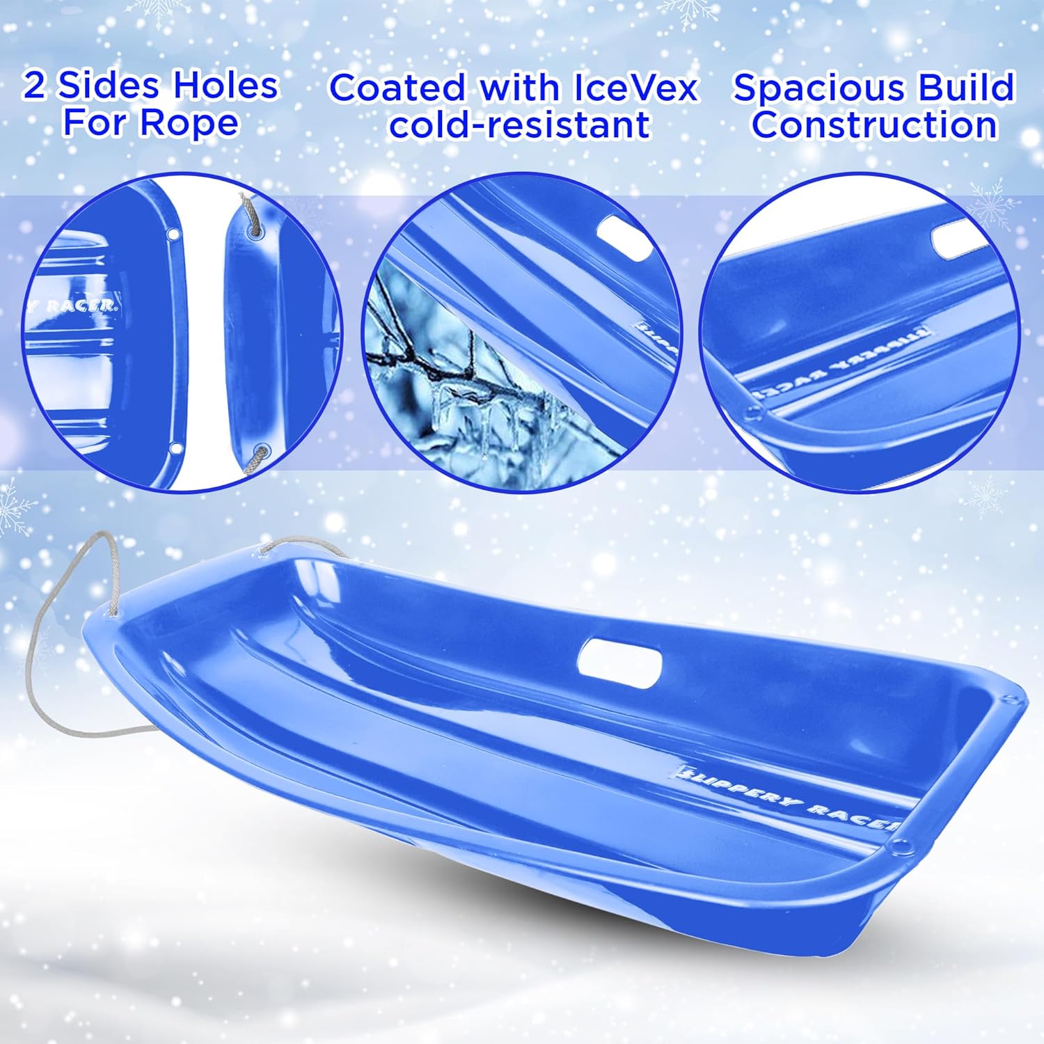Plastic Toboggan Snow Sled with Handles and Pull Rope, Blue (3 Pack) P206