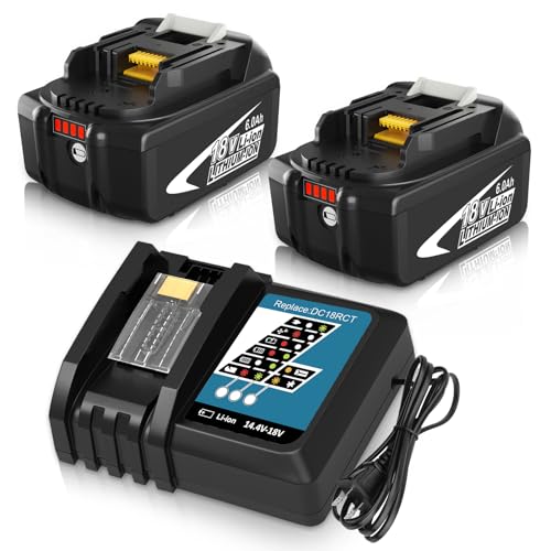 2 Packs 6.0Ah Li-ion BL1860B Battery and DC18RC Charger Replacement for Makita 18V Battery and Charger Kit Compatible with Makita 18 Volt Battery BL1860 BL1850B BL1840B BL1830B BL1820 BL1815 (Black)