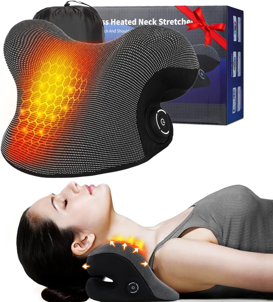 Wireless Heated Neck Stretcher for Pain Relief, Portable Cordless Neck Shoulder Cervical Traction Device with Graphene Heating Pad No Smell Magnetic Therapy Case Relaxer for TMJ Migraine Spine Alignme