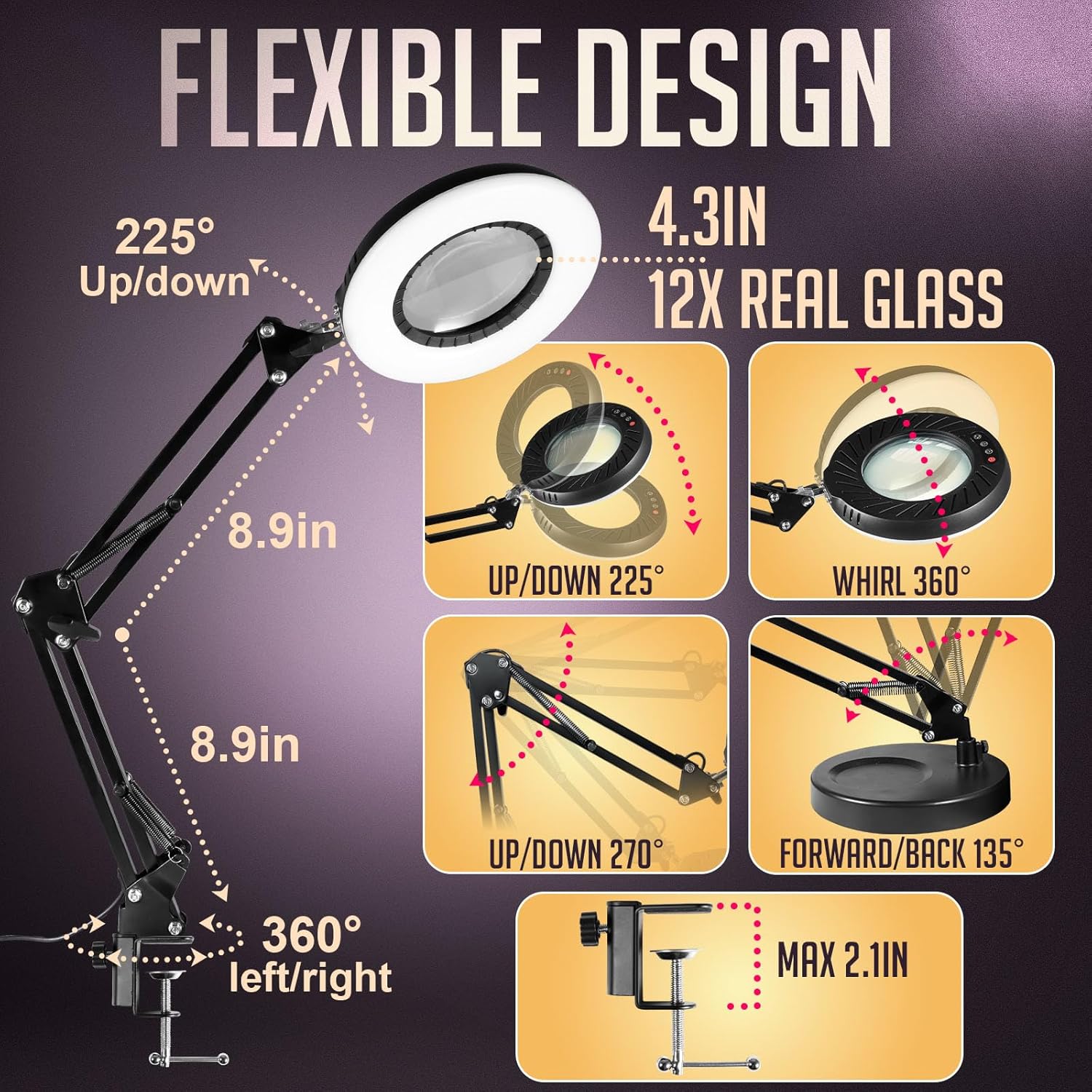Magnifying Glass with Light and Stand, 2-in-1 Desk Lamp with Clamp F3871