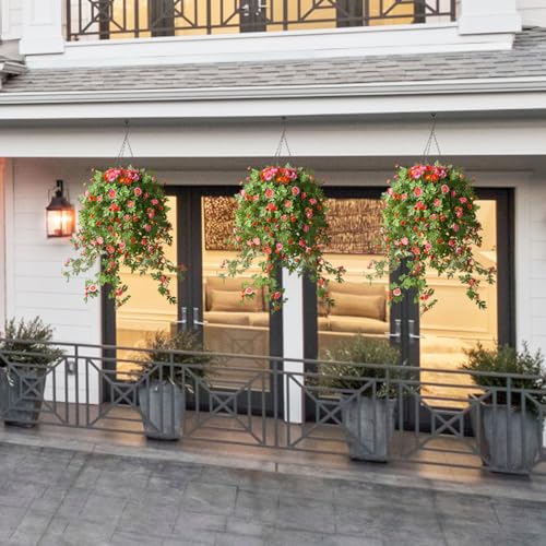 Artificial Hanging Flowers with Basket, Silk Chrysanthemum Arrangement, 4 Pack for Patio Garden Decor B671