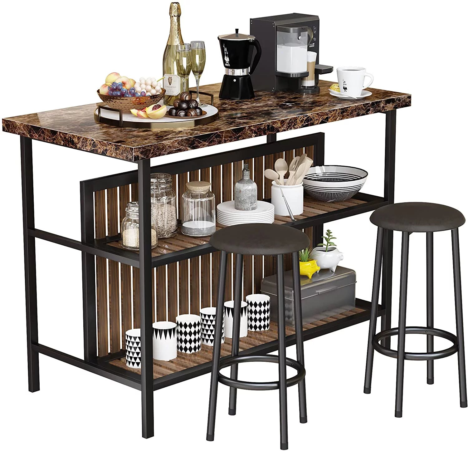 3-Piece Home Bar Dining Table Set, 47 Inch Bar Height Table and Chairs with Artificial Marble Top and Storage Shelf P5587