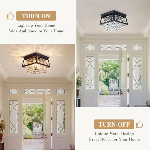 Crystal Flush Mount Ceiling Light, 11.8 inch 4-Light Black Farmhouse Metal Fixture Y816