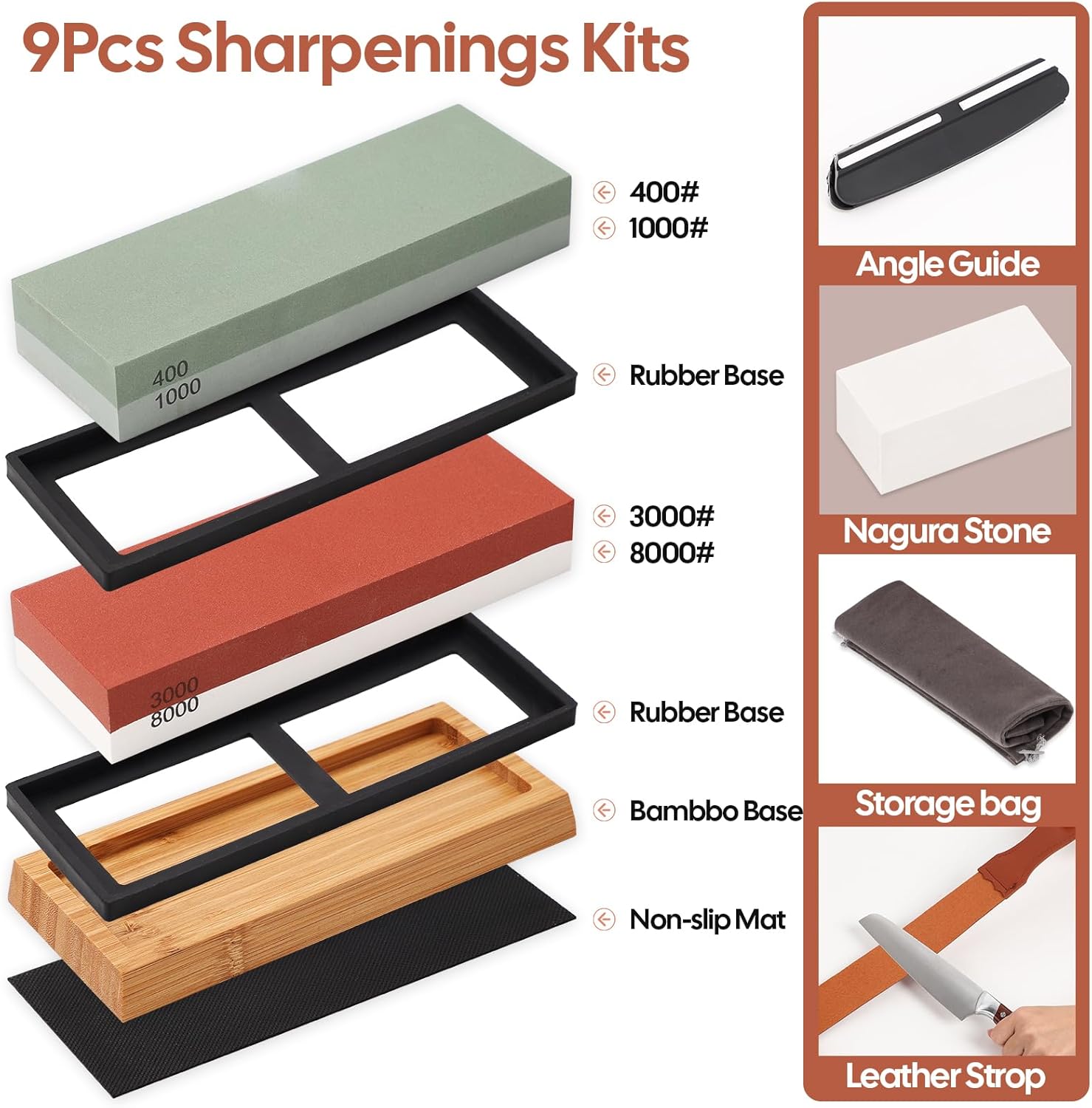 4 Side Grit 400/1000 3000/8000 Whetstone Sharpening Stone Kit with Leather Strop Q3354