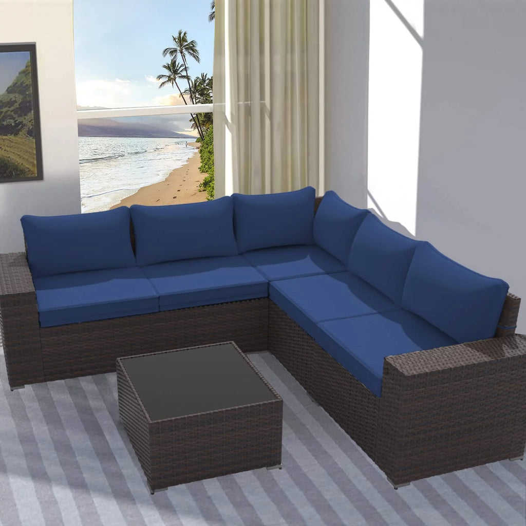 Outdoor Patio Furniture Set, 6-Piece Modular Sectional Sofa, All-Weather PE Wicker, Navy Blue H78599