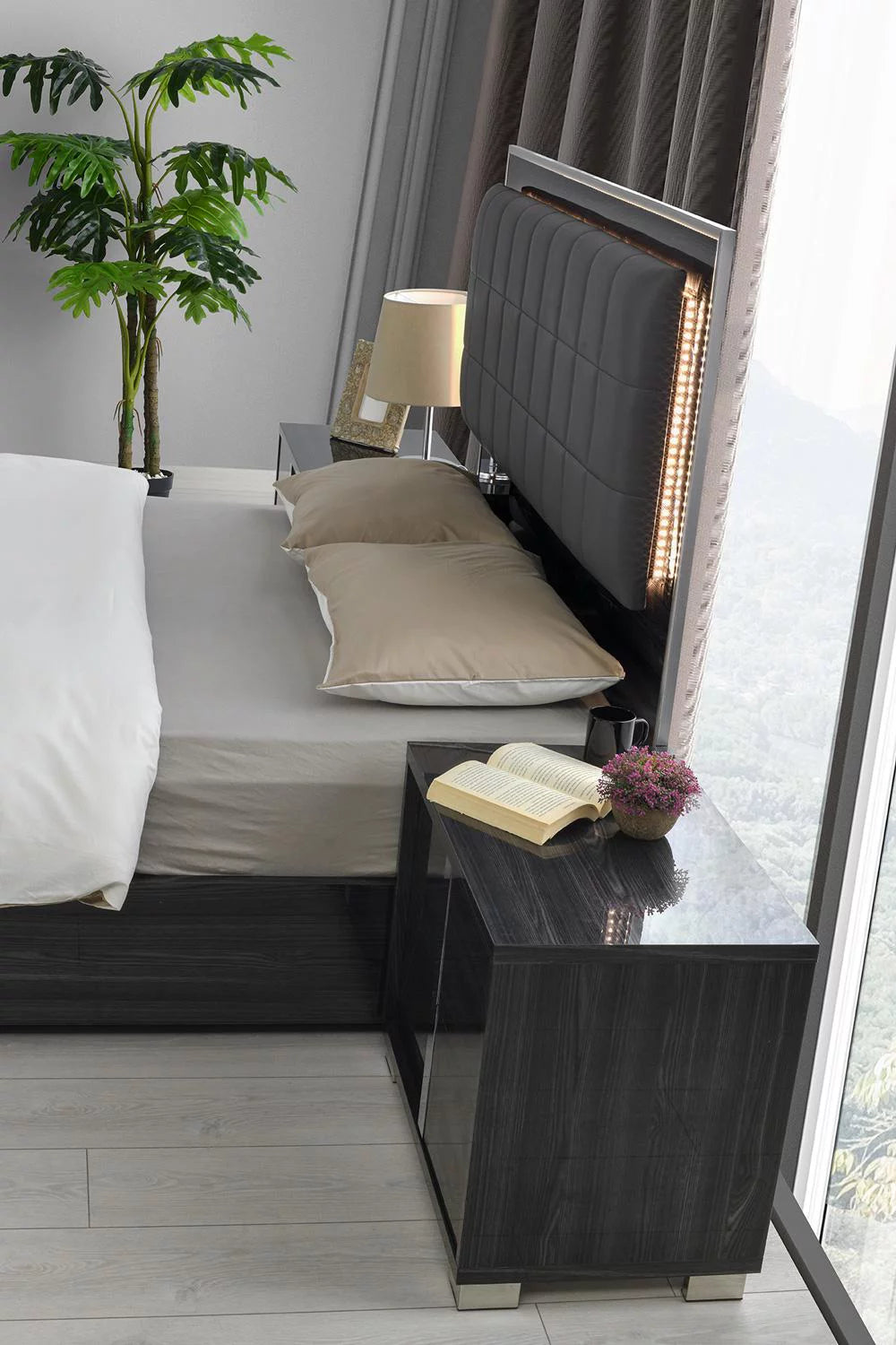 Queen Bed with LED Light, Gloss Grey Finish T356