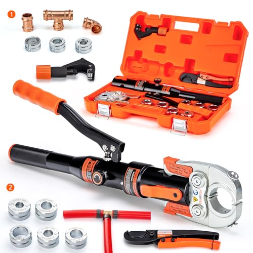 Copper Tube Fittings Hydraulic Copper Pipe Crimping Tool with 1/2 inch,3/4 inch and 1 inch Jaws Copper Pipe Press Crimpers Pressing Pliers,Suit for Narrow Space and Tee Fittings