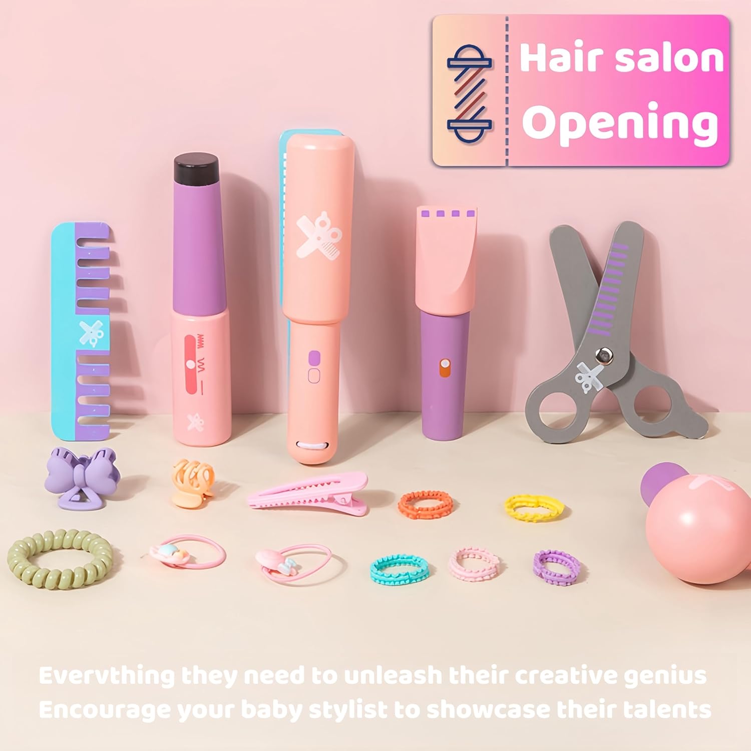 Wooden Makeup Toy Set for Girls with Hair Dryer and Styling Accessories Q81717