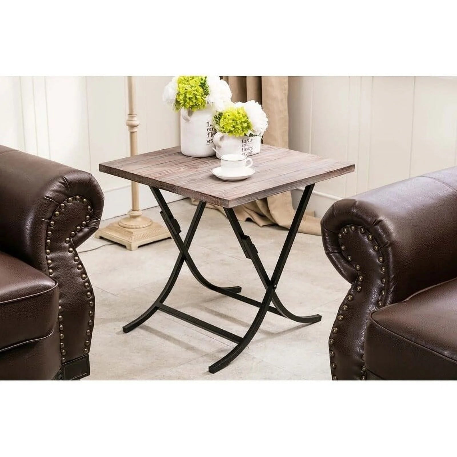 Folding Industrial Wood and Metal End Table Z420