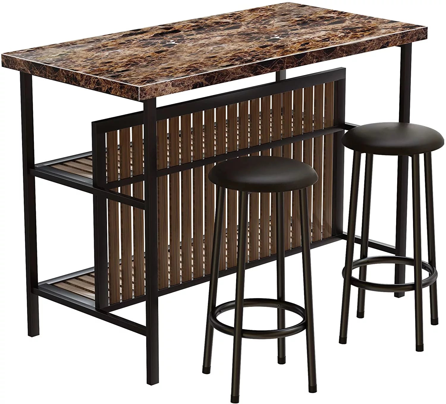 3-Piece Home Bar Dining Table Set, 47 Inch Bar Height Table and Chairs with Artificial Marble Top and Storage Shelf P5587
