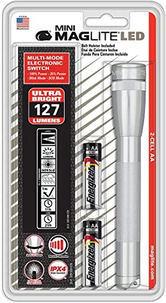Maglite Mini LED 2-Cell AA Flashlight with Holster, Silver