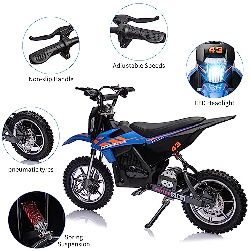 Electric Dirt Bike for Kids, Ride on Motorcycle with LED Headlight, Blue T578