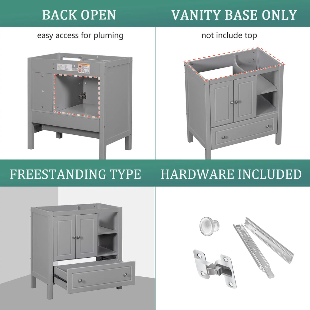 Bathroom Vanity Base with Doors and Drawers, Solid Wood Frame, Grey C98870