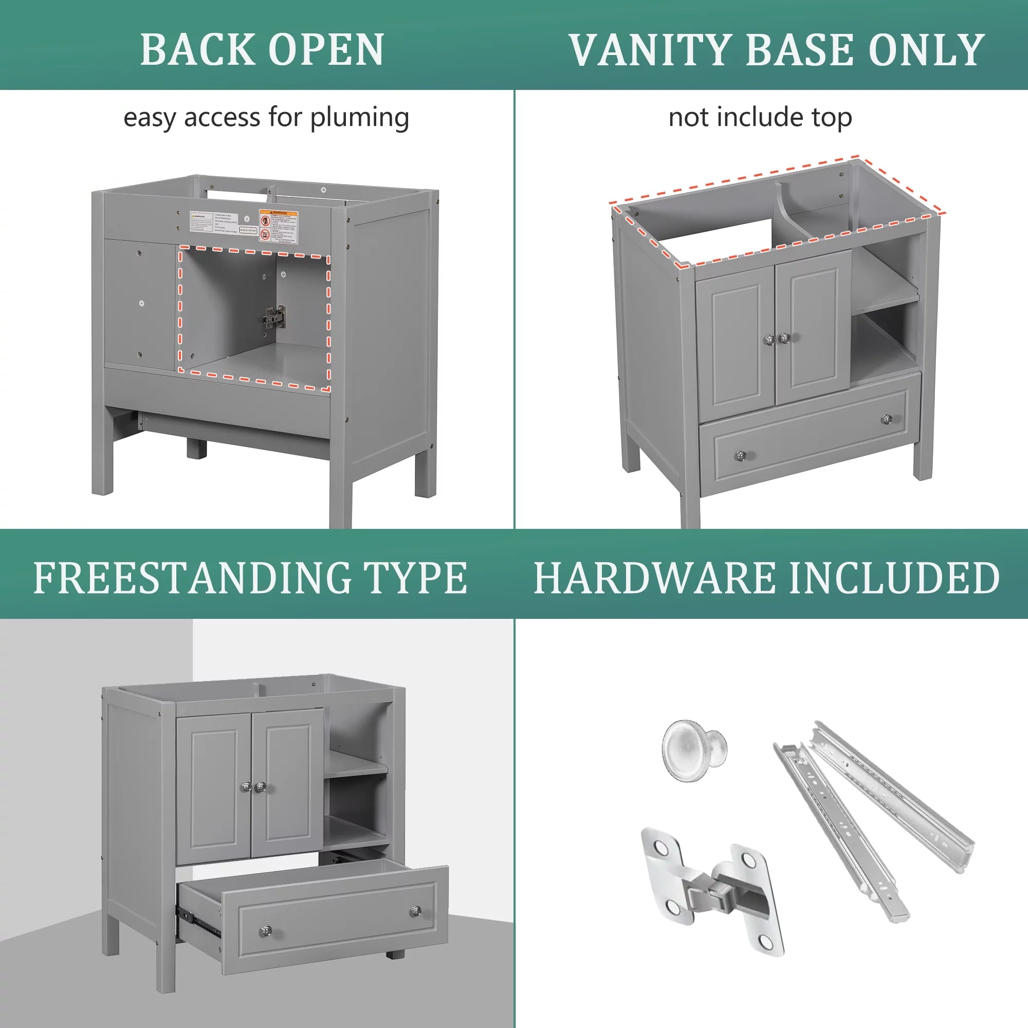 Bathroom Vanity Base with Doors and Drawers, Solid Wood Frame, Grey C98870