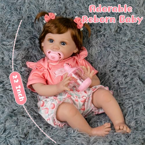Reborn Baby Doll, Realistic Newborn Girl, 22 Inch Weighted Doll with Feeding Toy Accessories O148