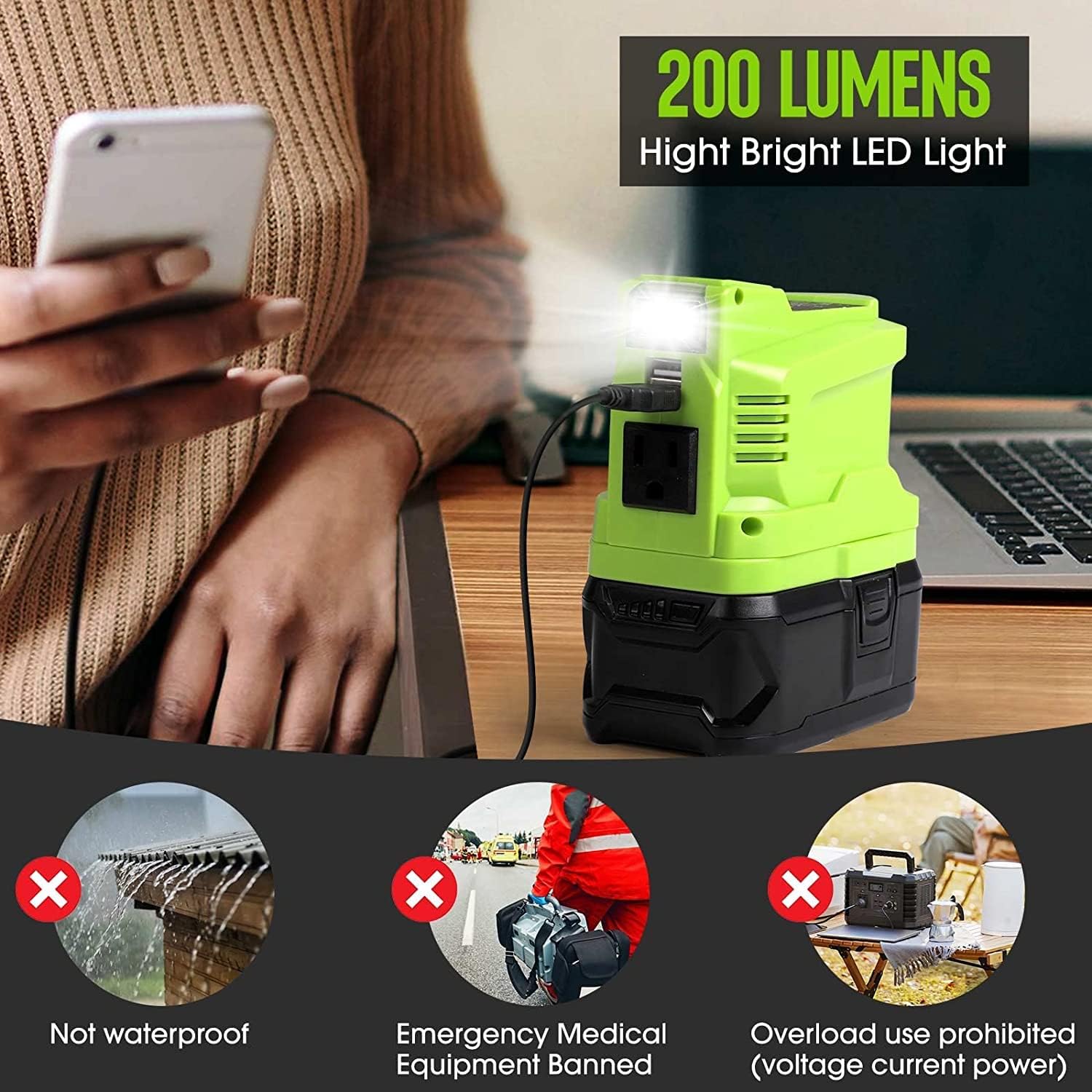 150W Power Supply Inverter for 18V, DC to AC 120V, USB Phone Charger Adapter with AC Outlet & LED Light T562395