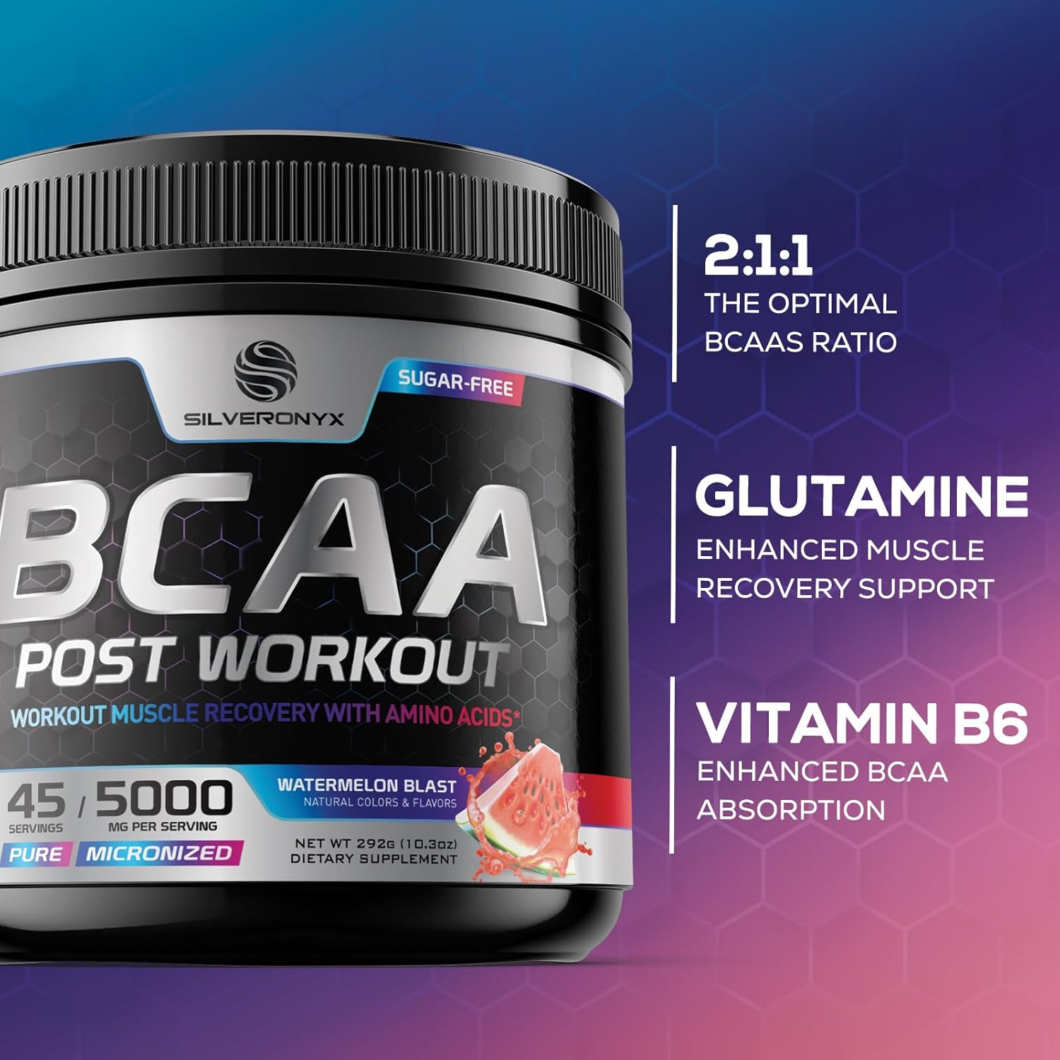 Amino Muscle Recovery Powder with BCAAs - Post Workout Drink - Keto, Caffeine Free, Watermelon - 45 Servings K391