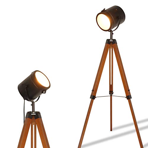 Contemporary Modern Wooden Farmhouse Tripod Floor Lamps for Living Room, Industrial Standing Tall Adjustable Metal Spotlights for Bedroom Reading Edison E26 Socket Vintage Antique Decoration Lighting