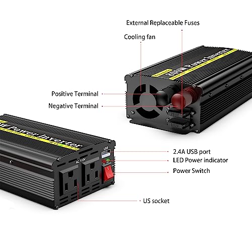 800W Car Power Inverter, DC 12V to 110V AC, 2 AC Outlets and USB Ports R9918