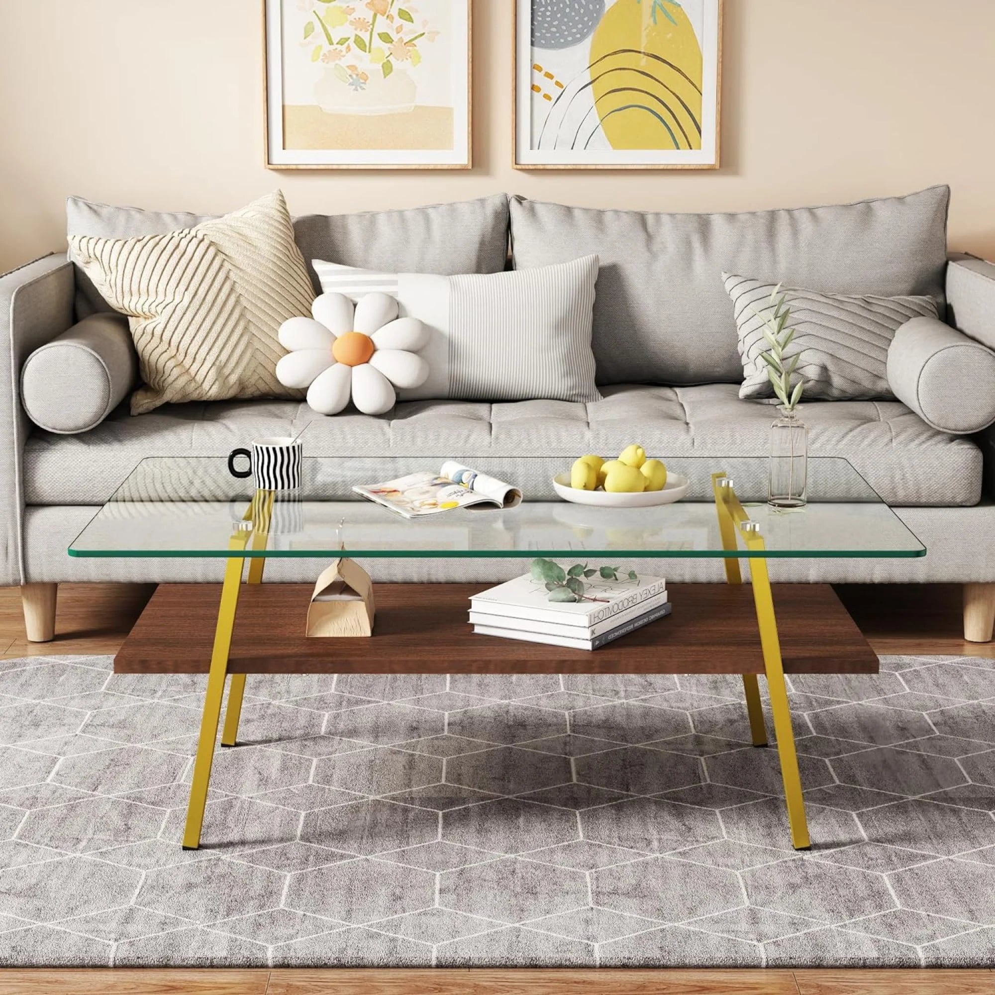 Glass Coffee Table with Wood Shelves S615280