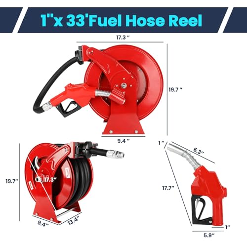 Retractable Diesel Fuel Hose Reel 1" x 33' with Nozzle, 300 PSI Steel Construction V499