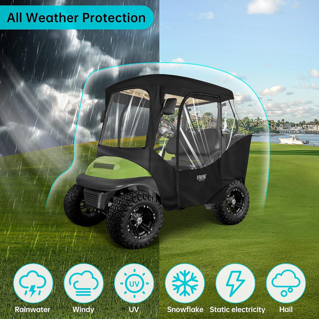 2 Passenger Golf Cart Enclosure Cover, All Weather Waterproof, 4-Sided Clear Window, Roll-up Zipper Door Y2904