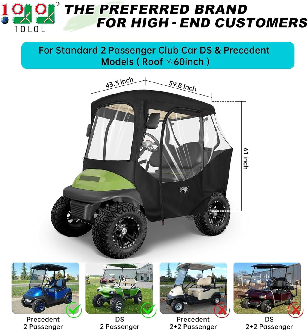 2 Passenger Golf Cart Enclosure Cover, All Weather Waterproof, 4-Sided Clear Window, Roll-up Zipper Door Y2904