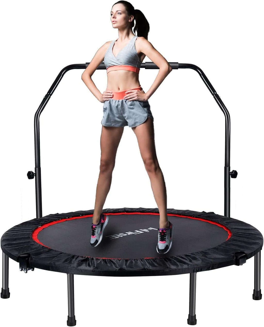 50" Mini Fitness Trampoline for Adults, Foldable Exercise Trampoline with 5 Levels Adjustable Foam Handle, Rebounder Trampoline for Bounce Workout Indoor/Garden Max Load 440lbs