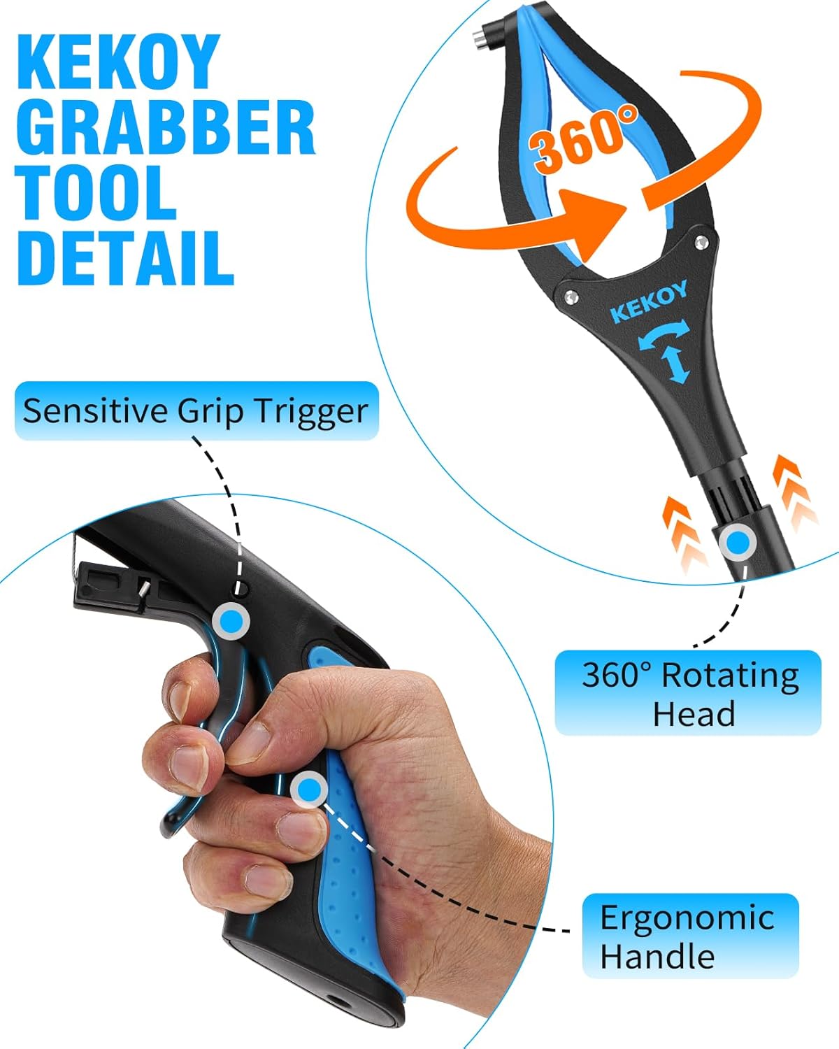36" & 40" Foldable Reacher Tool for Elderly, Anti-Slip Rotating Jaw with Magnet, Blue W540