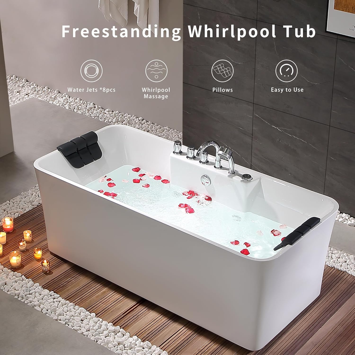 67 Inch Freestanding Whirlpool Bathtub with 8 Jets Acrylic Massage Soaking Tub N7329