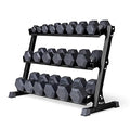 Rep Rubber Hex Dumbbell Sets with Racks. 5-50, 5-75, or 5-100 LB Sets available with Black, Blue or Red Racks to Match your Home Gym. For Strength Training, Conditioning, and Full-Body Workouts.