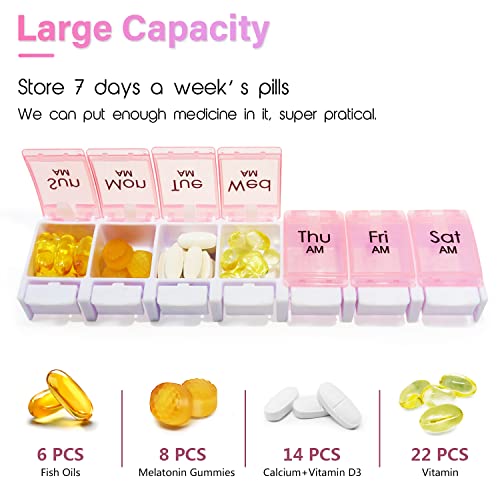 7 Day Pill Organizer 2 Times a Day, 14 Dividers with Easy Push Button W664719