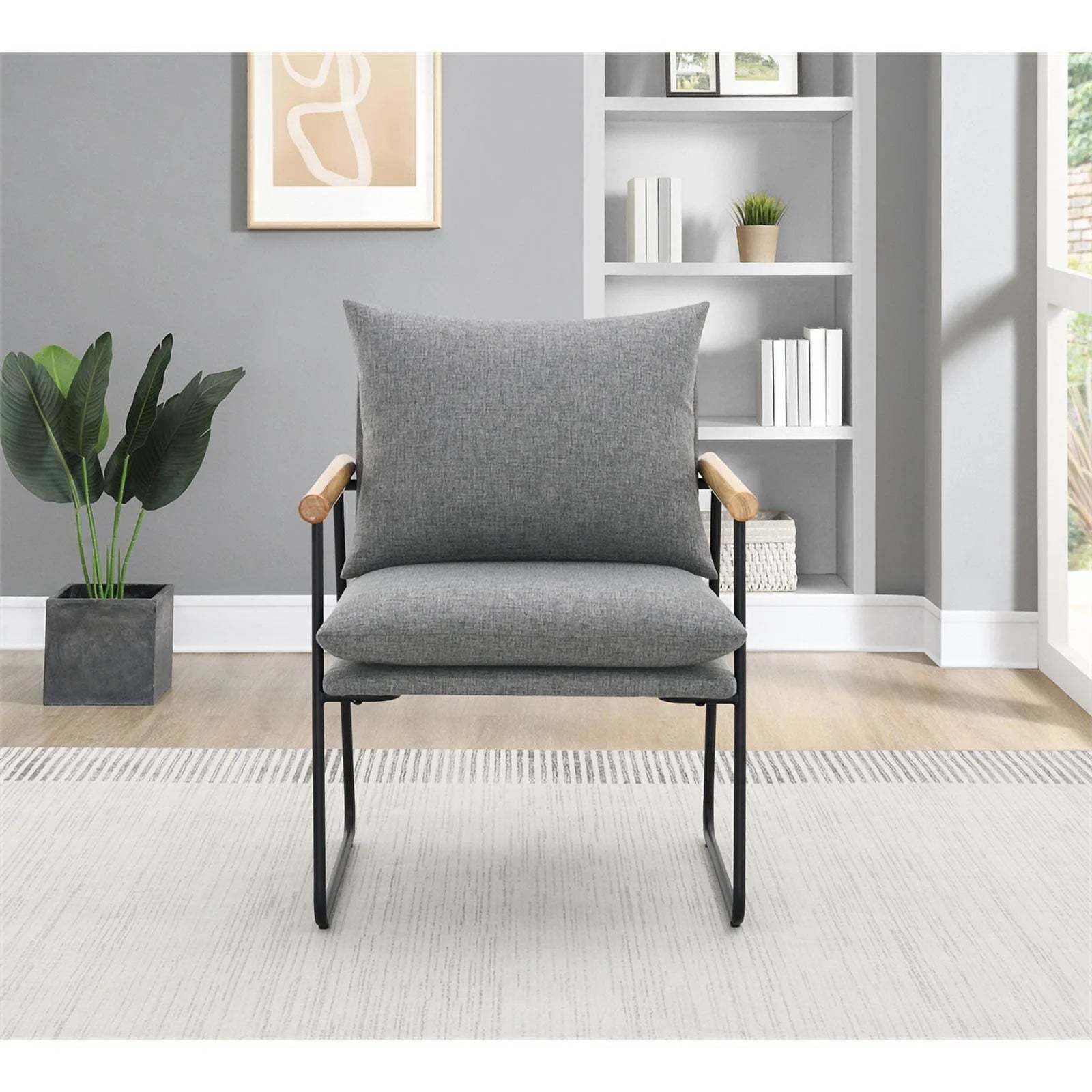 Armchair in Charcoal Fabric with Natural Arms and Black Sled Base D6437