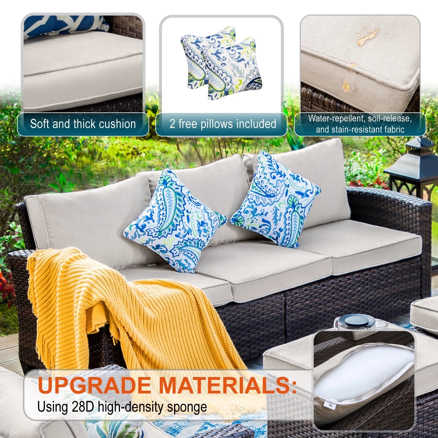 9-Seat Outdoor Patio Furniture Set with Fire Pit Table Wicker Beige P993501