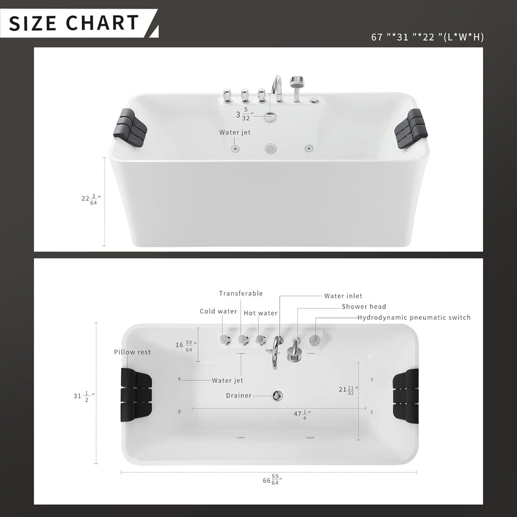 67 Inch Freestanding Whirlpool Bathtub with 8 Jets Acrylic Massage Soaking Tub N7329
