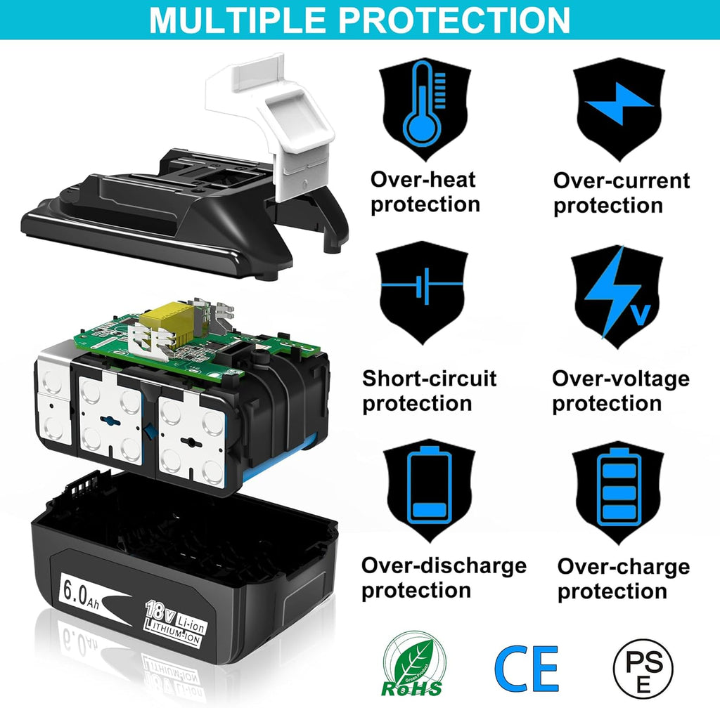 2 Pack 6.0Ah 18V Battery with LED Indicator for Cordless Power Tools J86468