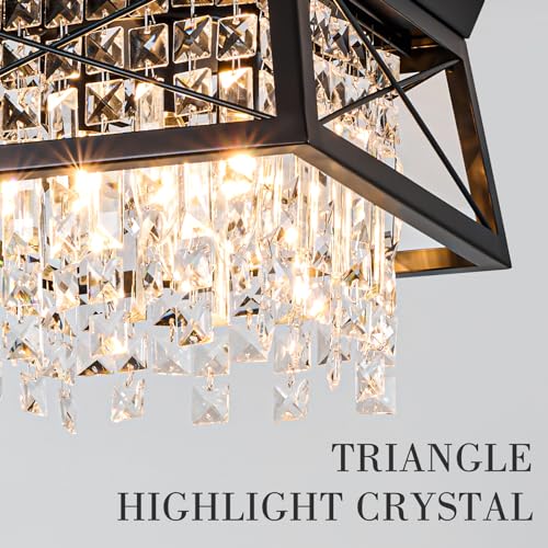 Crystal Flush Mount Ceiling Light, 11.8 inch 4-Light Black Farmhouse Metal Fixture Y816