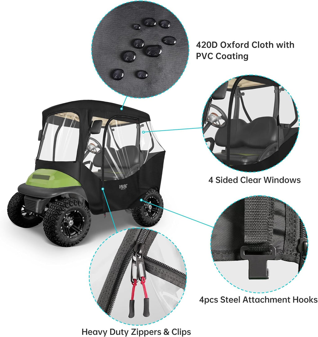 2 Passenger Golf Cart Enclosure Cover, All Weather Waterproof, 4-Sided Clear Window, Roll-up Zipper Door Y2904