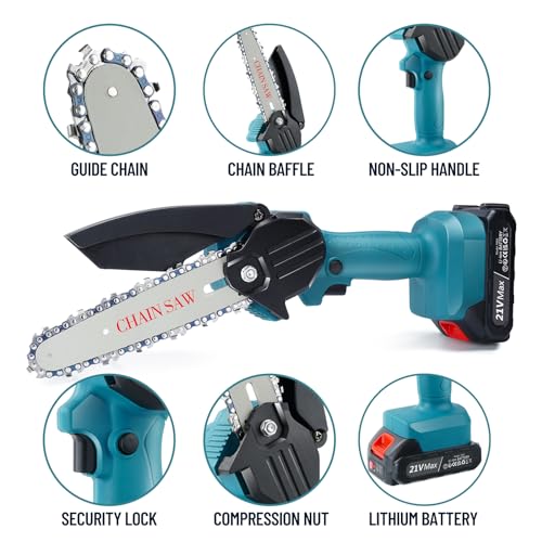 6 Inch Cordless Chainsaw for Wood Cutting with 2 Batteries and 3 Chains V4143