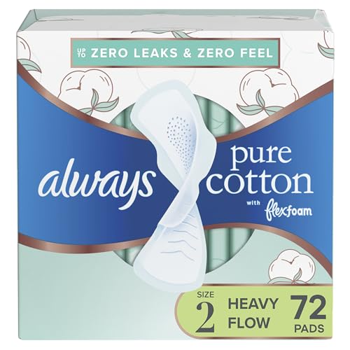 Always Pure Cotton Feminine Pads for Women, Size 2, Heavy Flow, with wings, unscented, 34 Count