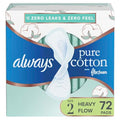 Always Pure Cotton Feminine Pads for Women, Size 2, Heavy Flow, with wings, unscented, 34 Count