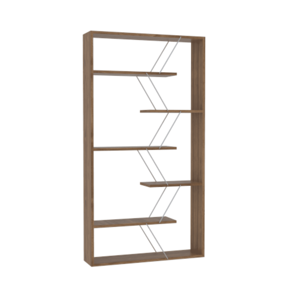 Wood Frame Etagere 6-Shelf Bookcase for Living Room, Walnut/Chrome H187991