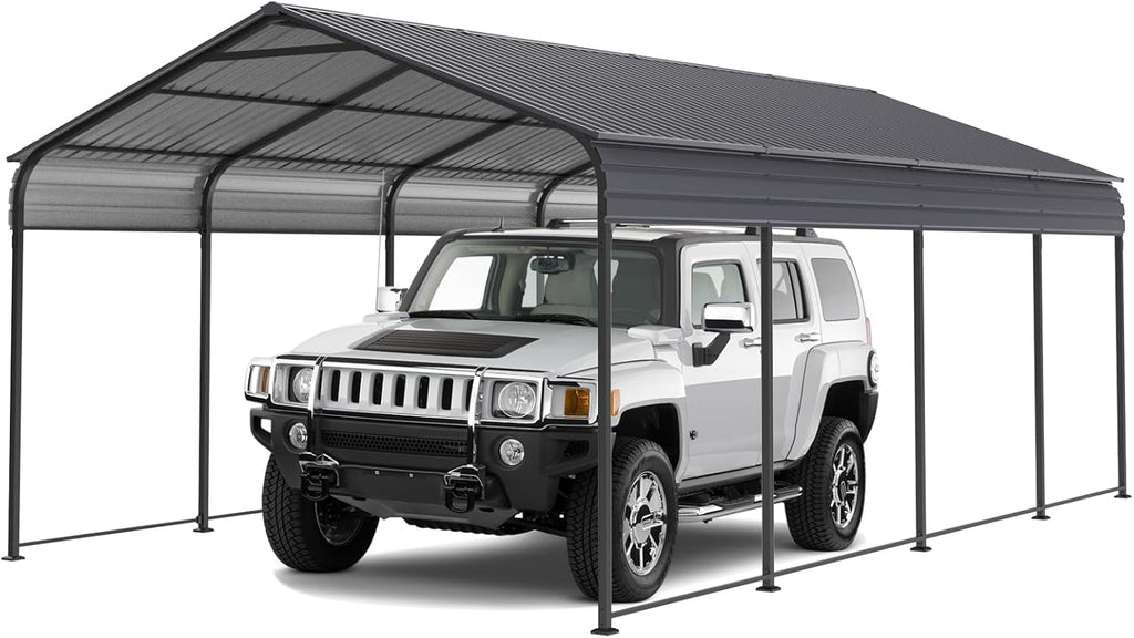 Carport 10 x 20 ft Heavy Duty Metal Carport Canopy with Galvanized Steel Roof Frame, Outdoor Garage Car Shelter Shade, Car Tent Outdoor Storage Shed for Car, Boats and Truck, Gray