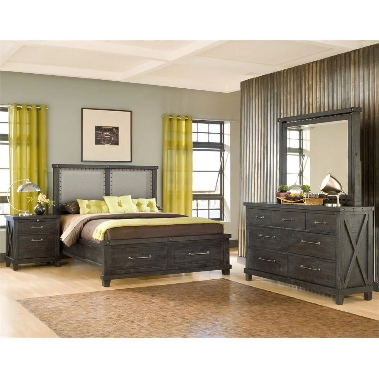 Upholstered California King Panel Storage Bed in Cafe J314923