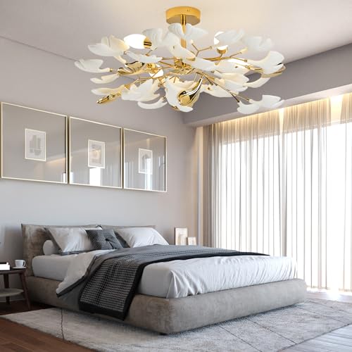 Gold Ceramic Ginkgo Leaf Semi Flush Mount Ceiling Light, 24 Inch O666194